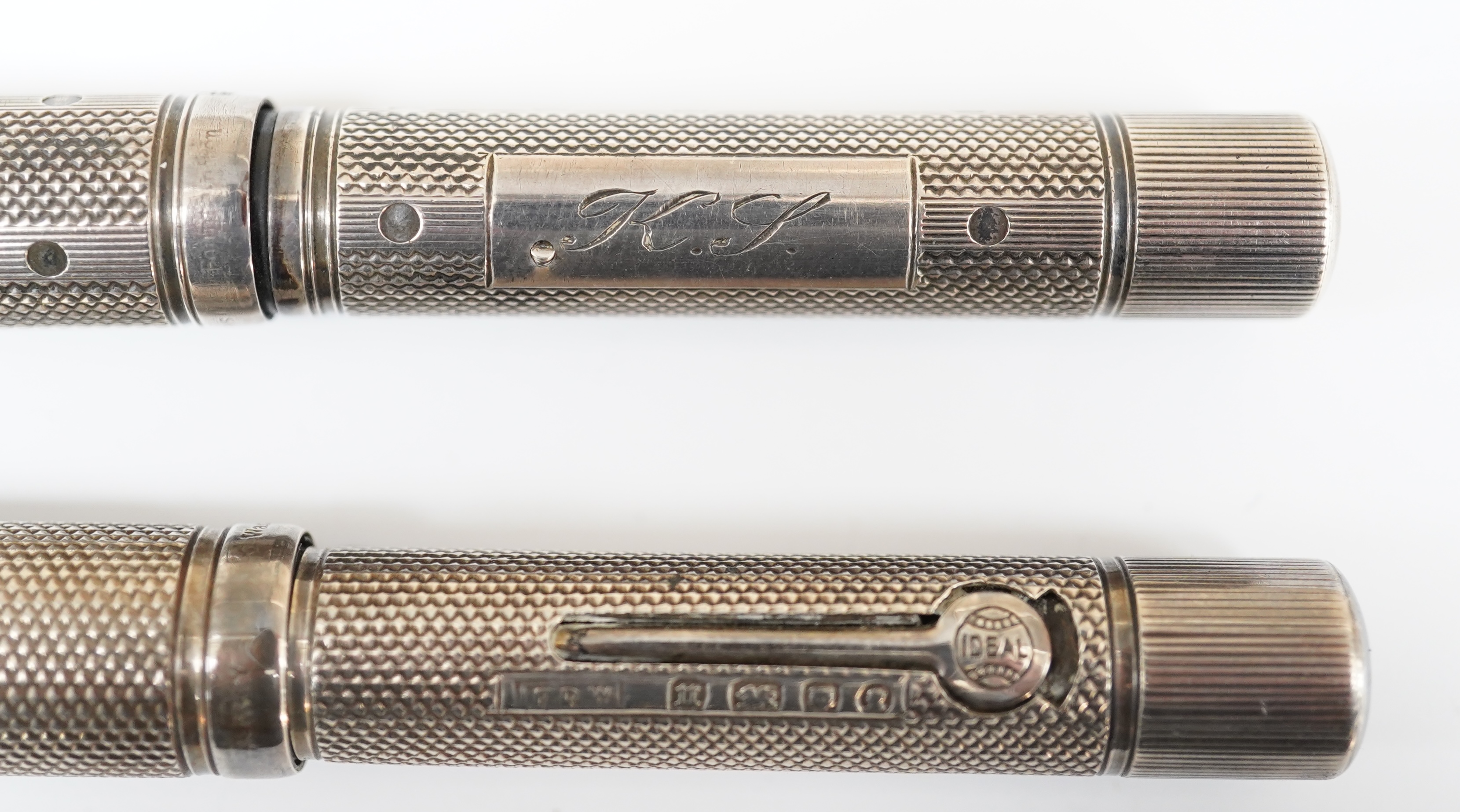 Two Waterman Sterling silver fountain pens, fully hallmarked with FDW maker's mark lever filled pens